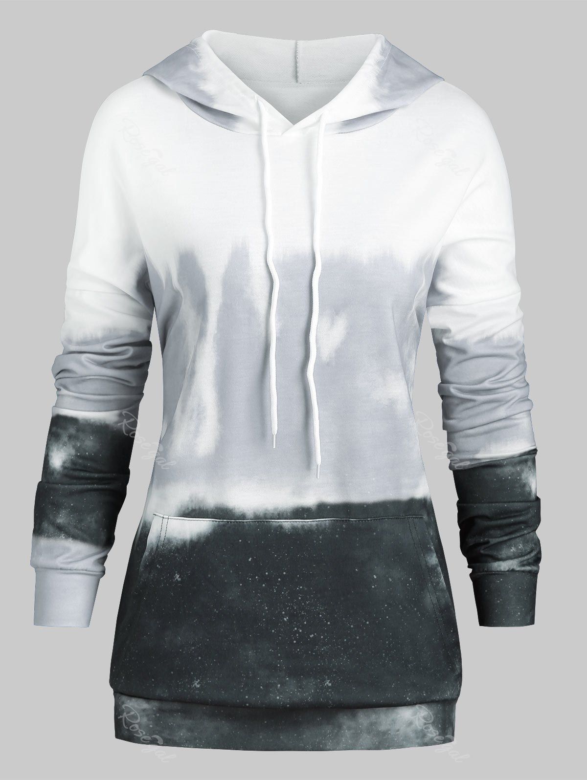 

Drawstring Tie Dye Front Pocket Plus Size Hoodie, Gray