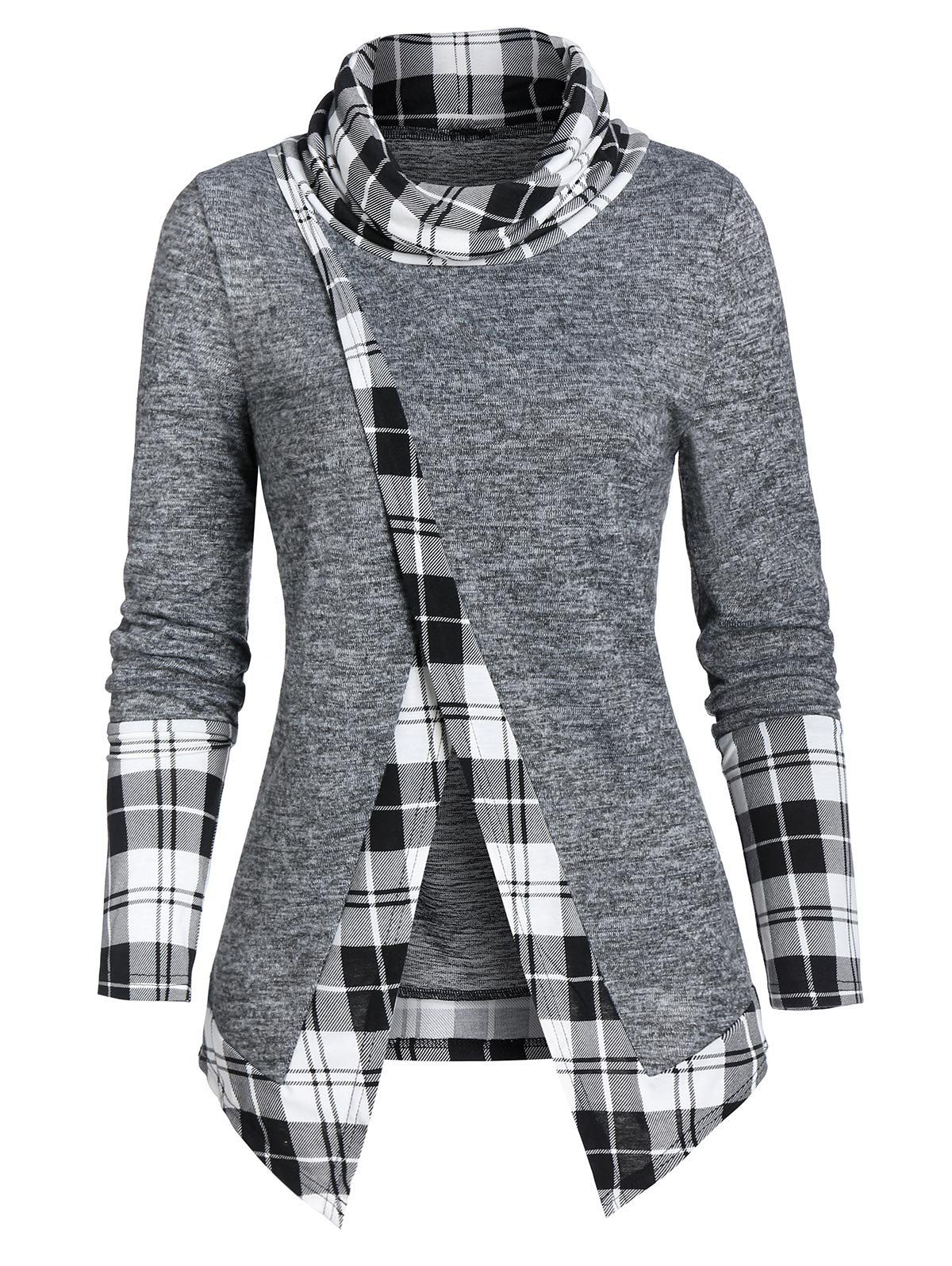 

Plaid Print Overlap Front Heathered T-shirt, Light gray