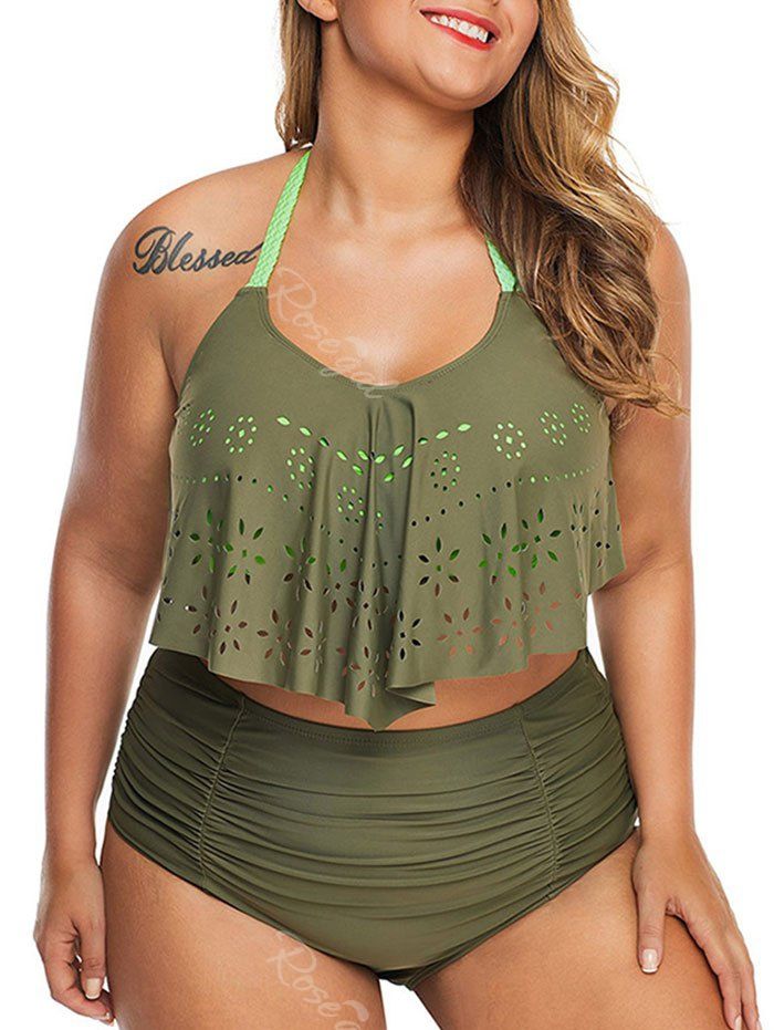 

Plus Size Laser Cut Overlay Halter Tankini Set, Camouflage green