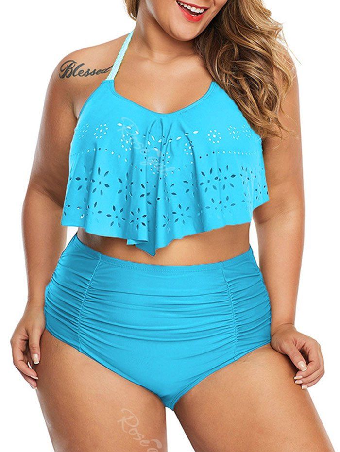 

Plus Size Laser Cut Overlay Halter Tankini Set, Blue