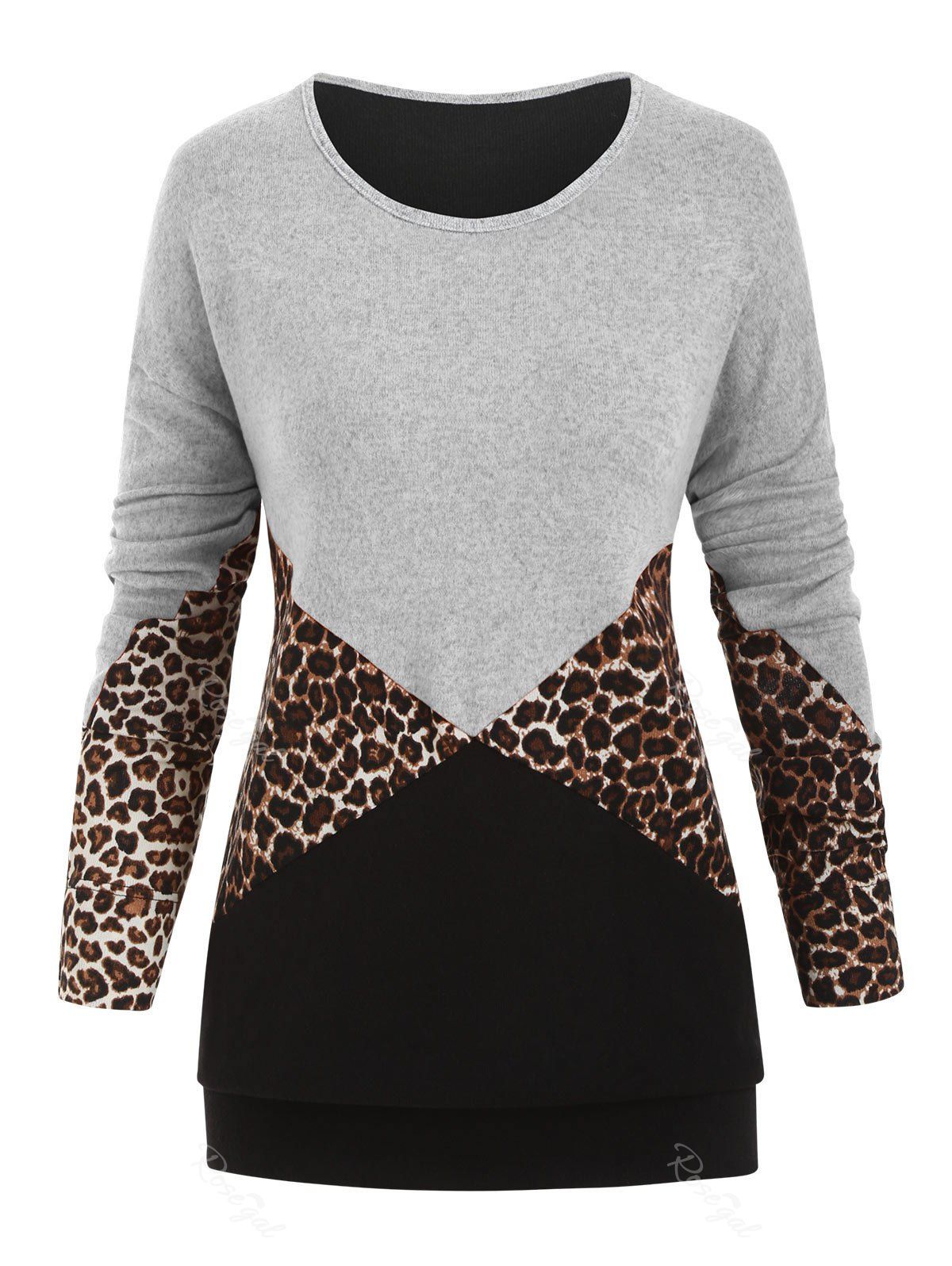 

Long Sleeve Leopard Colorblock Plus Size Top, Gray