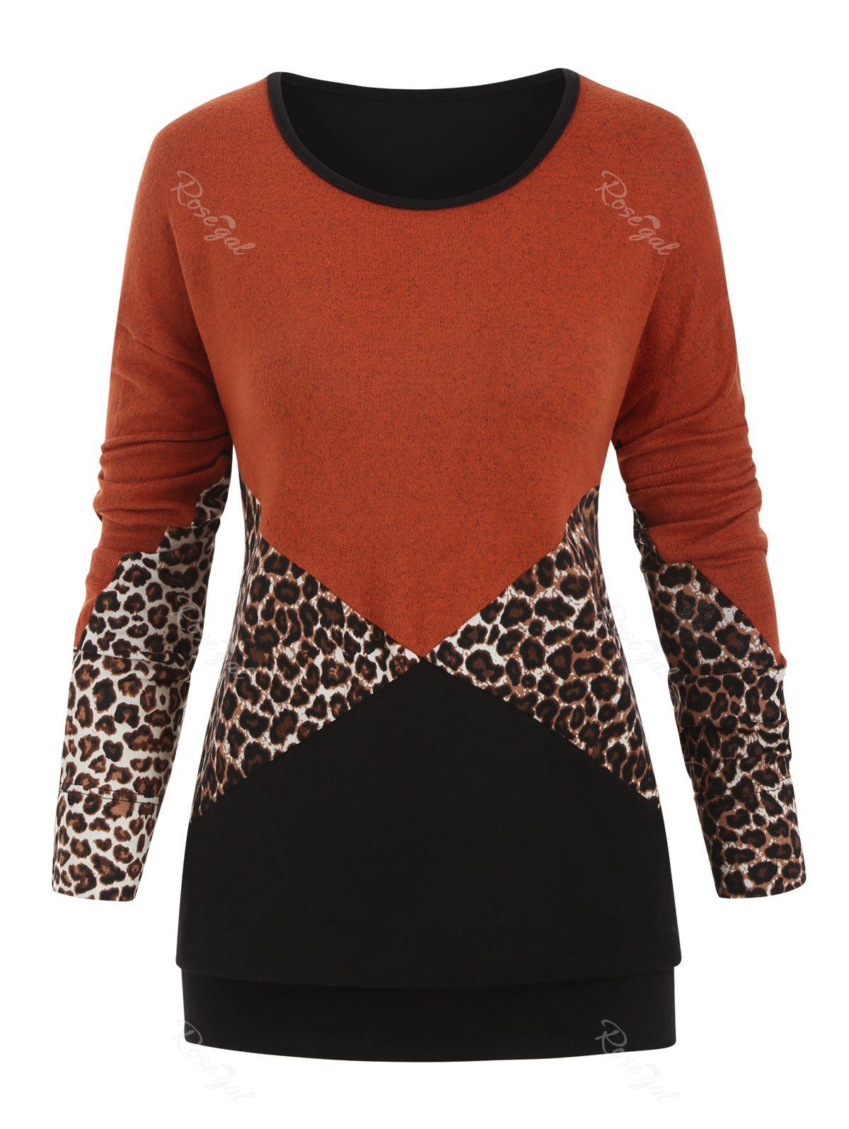 

Long Sleeve Leopard Colorblock Plus Size Top, Orange