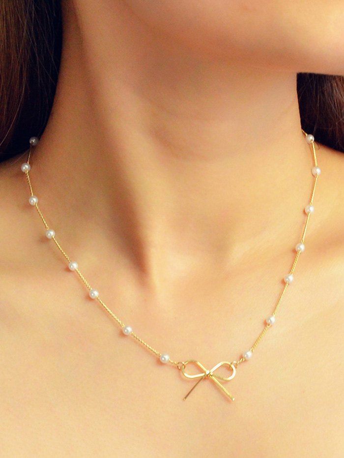 

Brief Faux Pearl Bowknot Necklace, Gold