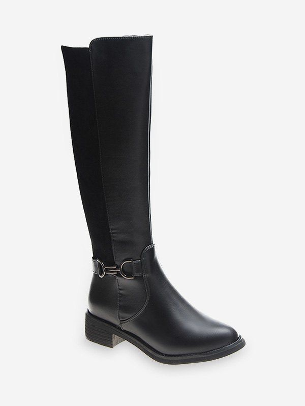 

Metal Detail Patch Knee High Boots, Black