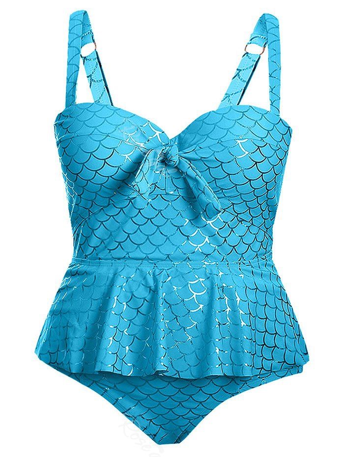 

Plus Size Mermaid Knotted Push Up Tankini Set, Blue