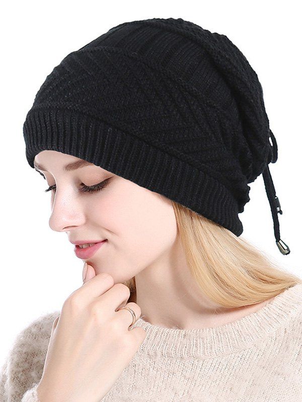 

Knitted Outdoor Drawstring Double Use Scarf Hat, Black