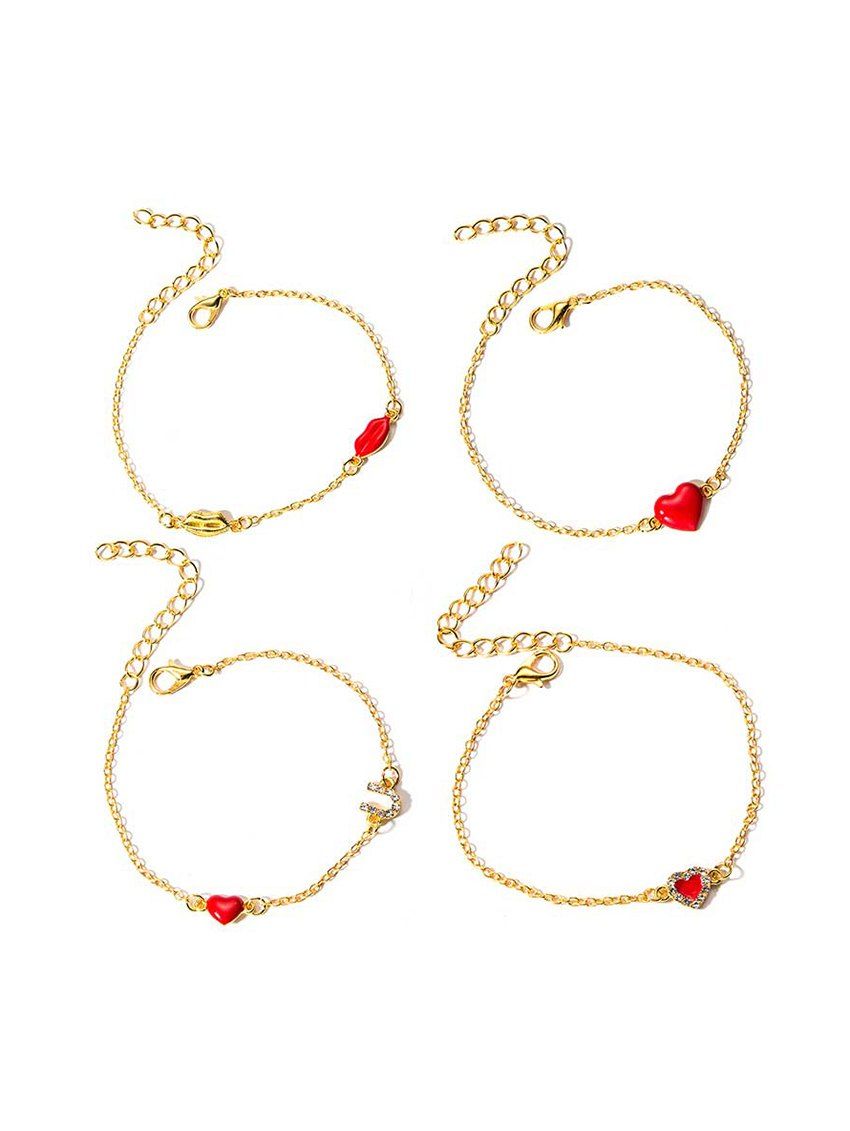 

4Pcs Rhinestone Heart Lip Bracelet Set, Gold