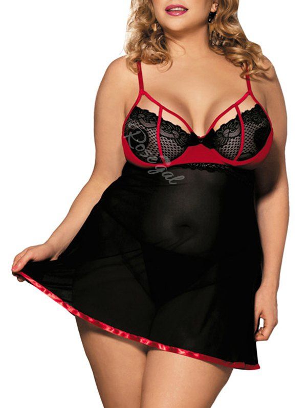 

Plus Size Lace and Mesh Underwire Babydoll Set, Black