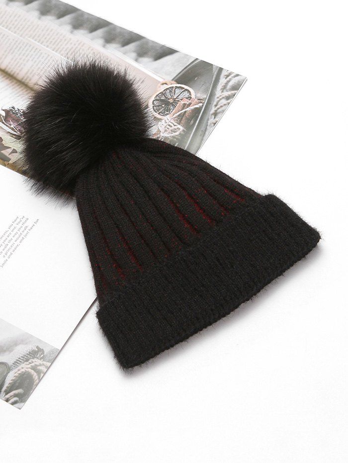 

Striped Winter Solid Knitted Fuzzy Ball Hat, Black