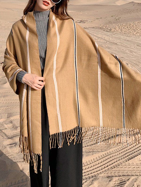 

Winter Striped Big Fringe Double-sided Scarf, Light khaki