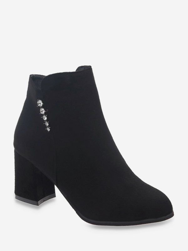 

Rhinestone Embellished Chunky Heel Ankle Boots, Black