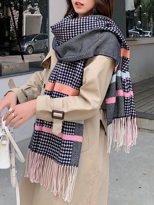 

Striped Herringbone Faux Cashmere Fringe Scarf, Cadetblue