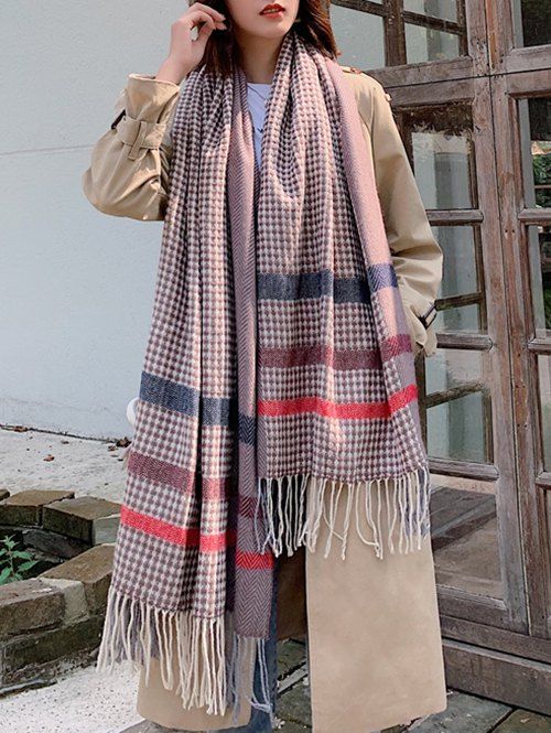 

Striped Herringbone Faux Cashmere Fringe Scarf, Lilac