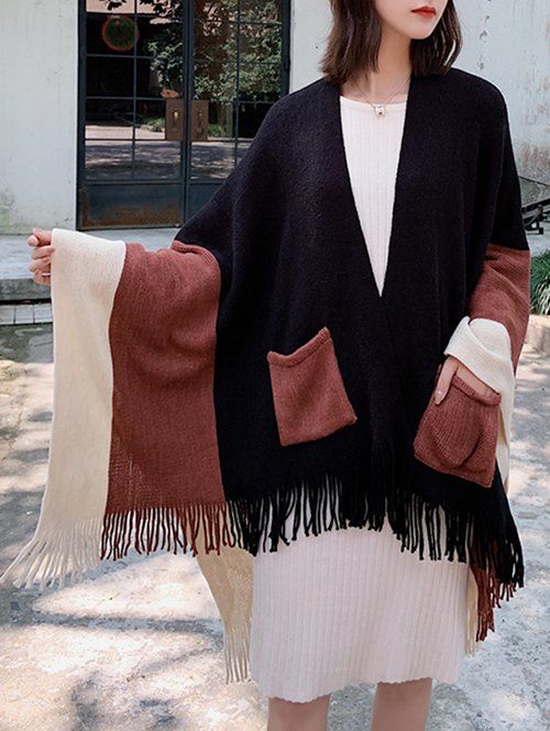 

Color-blocking Pocket Fringe Split Shawl, Black