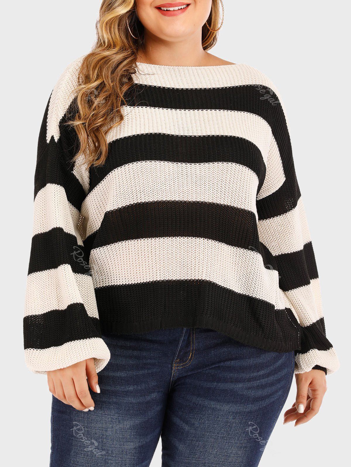 

Plus Size Wide Stripes Drop Shoulder Sweater, Black