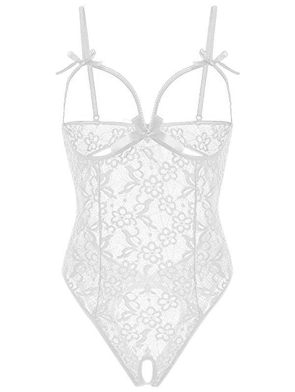 

Plus Size Crotchless Flower Lace Bowknot Lingerie Teddy, White