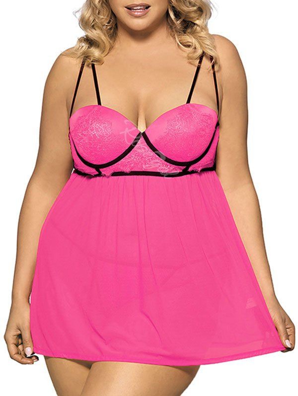 

Plus Size Mesh See Thru Underwire Lace Cami Babydoll, Watermelon pink