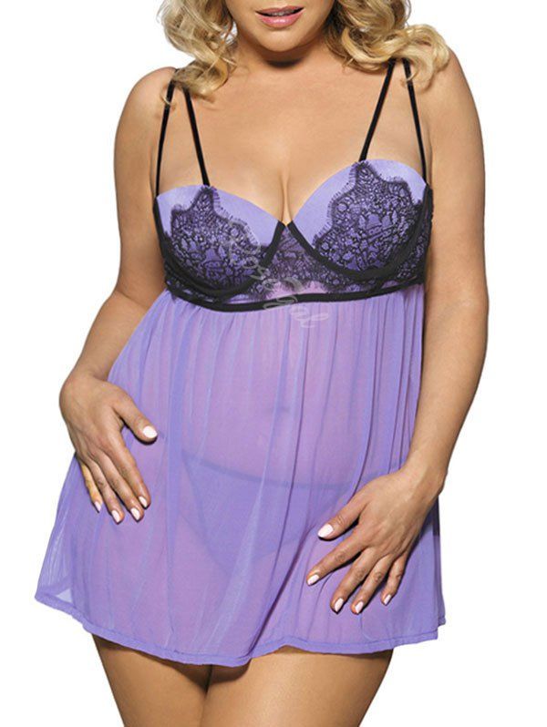 

Plus Size Mesh See Thru Underwire Lace Cami Babydoll, Purple