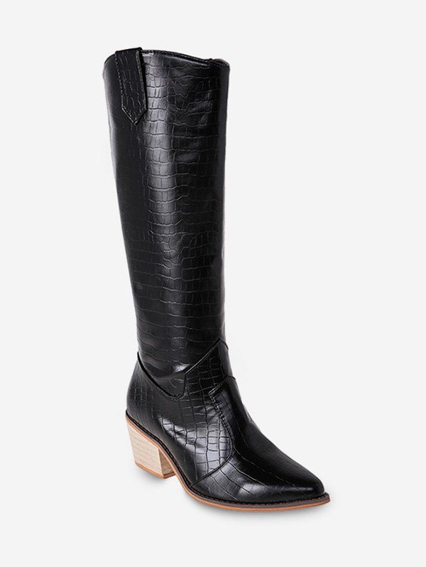 

Animal Embossed Pointed Toe Knee High Boots, Black