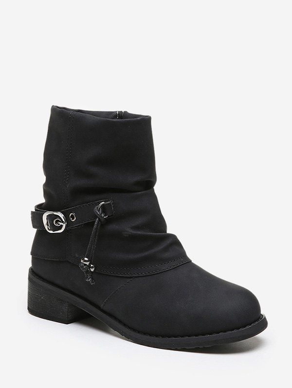 

Buckle Strap Foldover Ruched Short Boots, Black