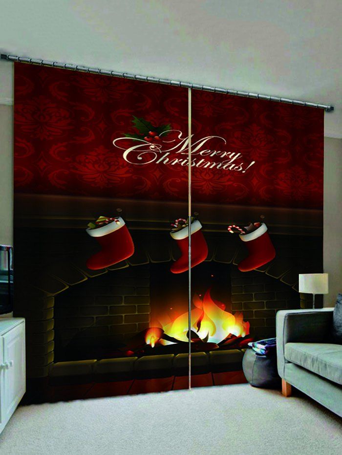 

2 Panels Christmas Stockings Fireplace Print Window Curtains, Multi