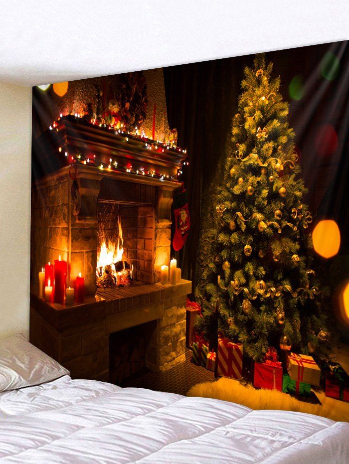 

Christmas Tree Fireplace Printed Tapestry Wall Hanging Art Decoration, Multi-b