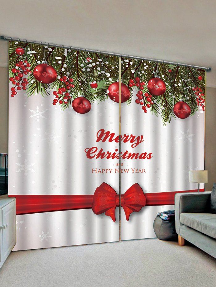 

2 Panels Christmas Tree Balls Bowknot Print Window Curtains, Multi