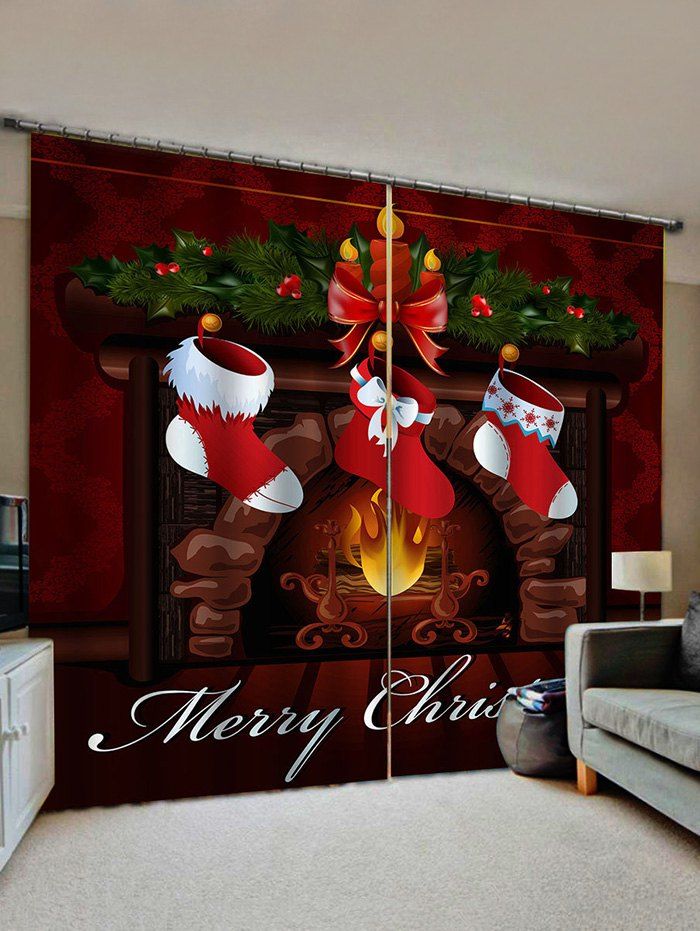 

Christmas Stockings Fireplace Print 2 Panels Window Curtains, Multi