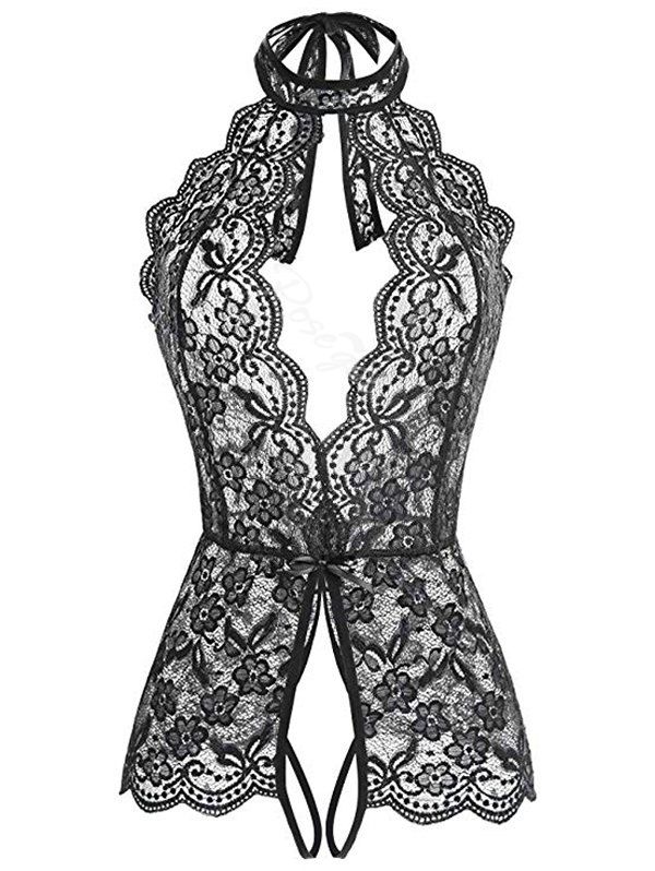 

Plus Size Flower Lace Scalloped Crotchless Teddy, Black