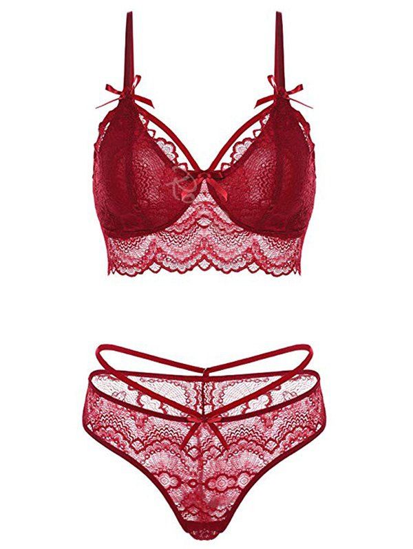 

Plus Size Lace Bowknot Scalloped Lingerie Set, Red wine