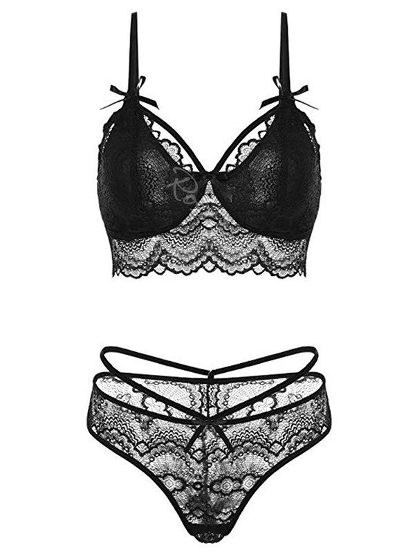 

Plus Size Lace Bowknot Scalloped Lingerie Set, Black