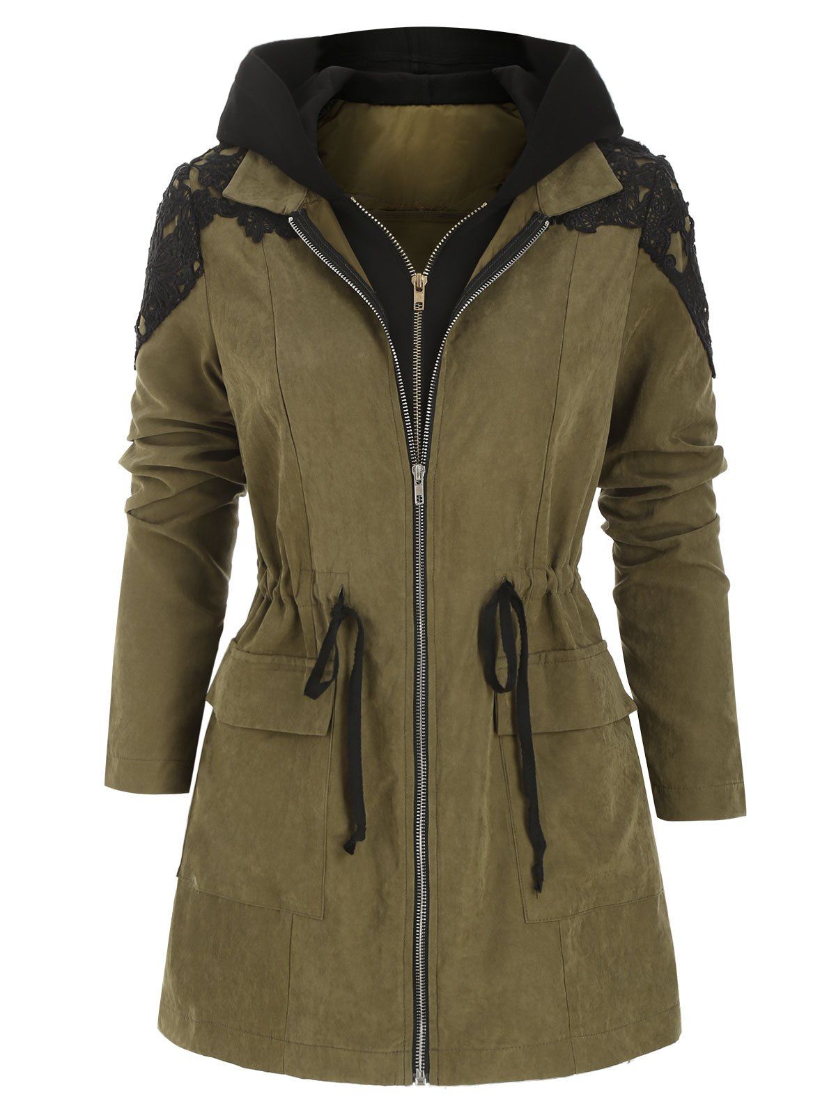 

Hooded Pocket Guipure Lace Longline Trench Coat, Camouflage green