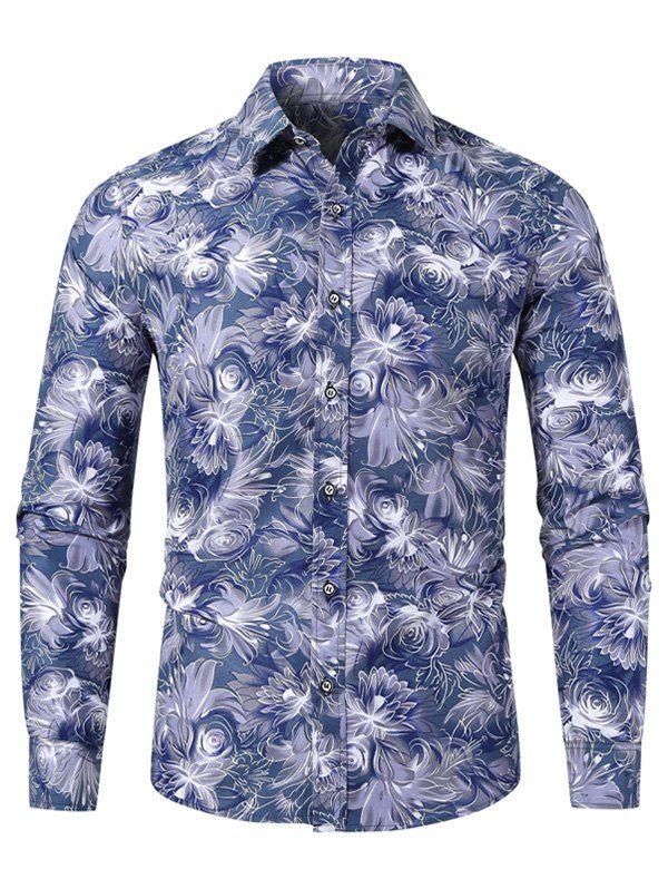 

Flower Print Long Sleeve Slim Fit Button Shirt, Purple