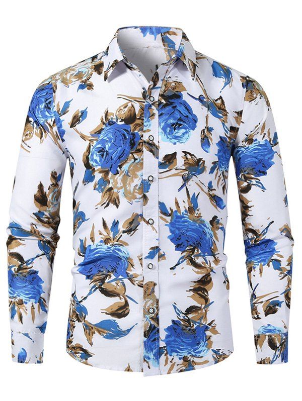 

Flower Paint Print Slim Fit Button Shirt, White