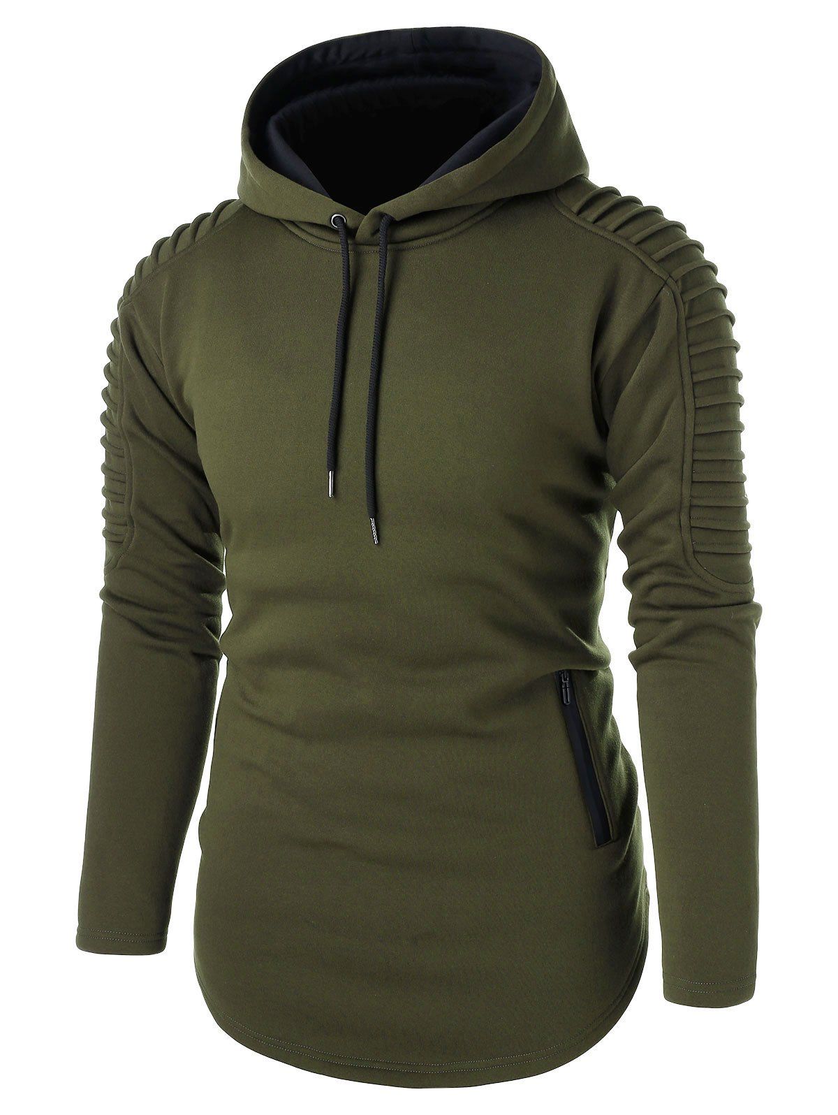 

Plus Size Pleated Sleeve Zipper Embellished Fleece Pullover Hoodie, Army green