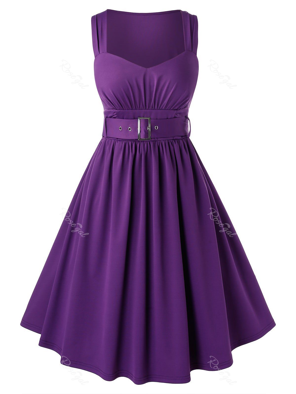 

Plus Size Vintage Sweetheart Neck Buckle Pin Up Dress, Purple iris