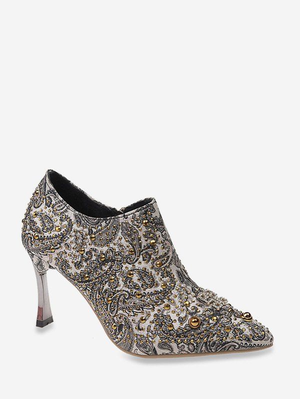 

Shiny Paisley Pattern Stiletto Heel Pumps, Gray