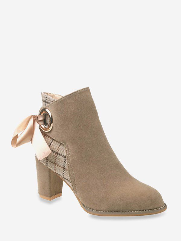 

Plaid Panel Tie Back High Heel Boots, Light khaki