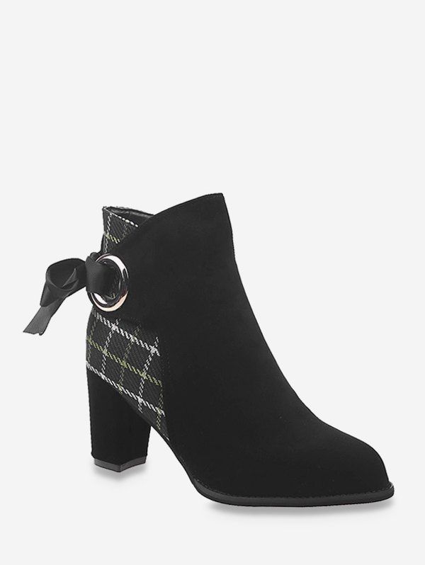 

Plaid Panel Tie Back High Heel Boots, Black