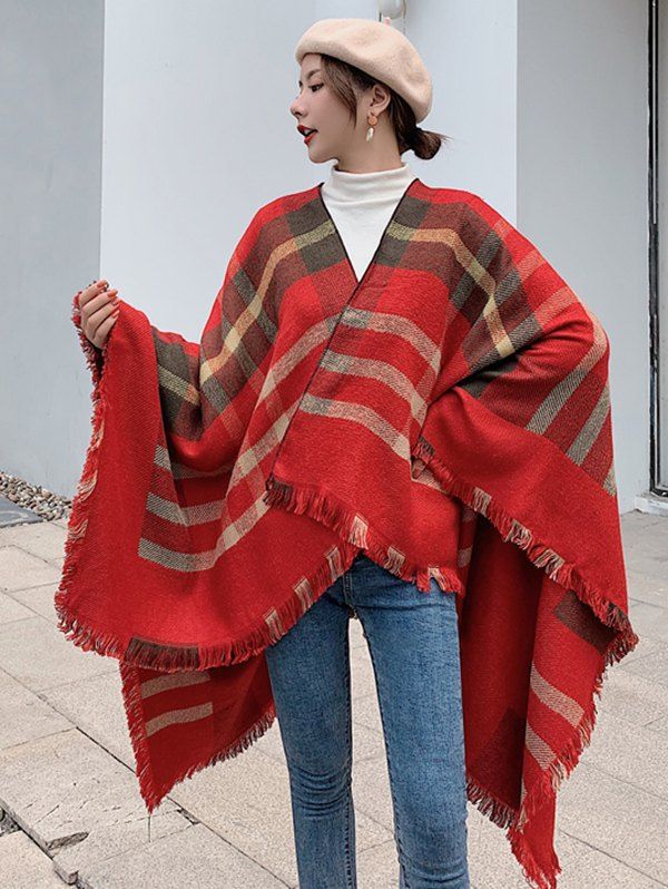 

Checkered Fringed Travel Cape Shawl, Red