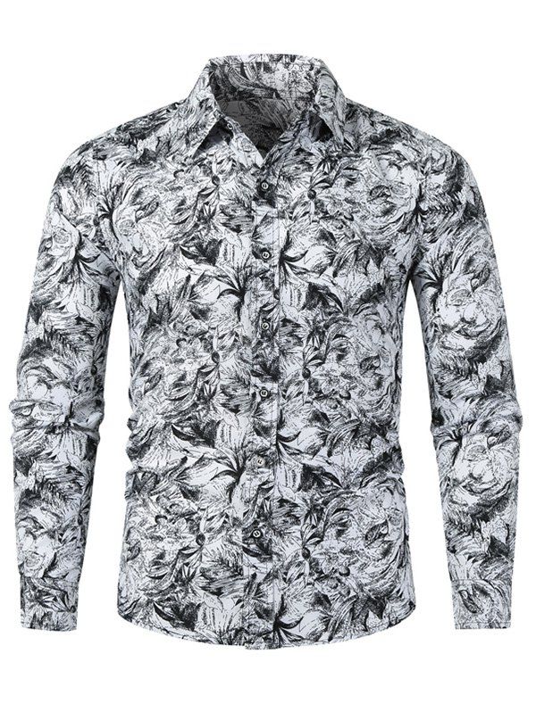 

Plant Leaf Drawing Allover Print Long Sleeve Button Shirt, White