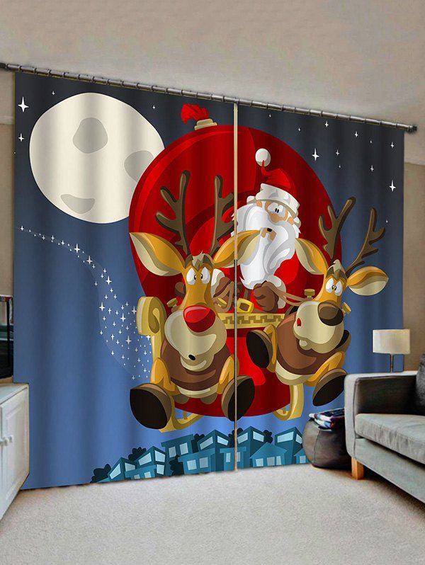 

2 Panels Santa Claus Elk Sleigh Print Window Curtains, Multi