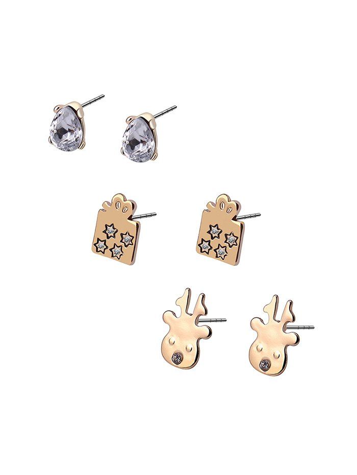 

Christmas 3 Piece Deer Gift Rhinestone Stud Earrings Set, Gold