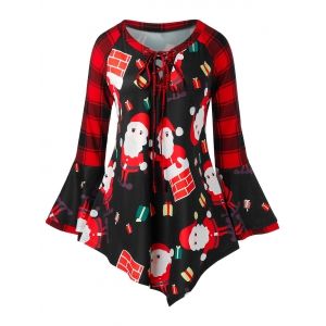

Plus Size Christmas Printed Plaid Bell Sleeve T Shirt, Red
