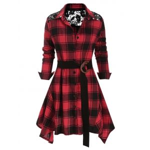 

Lace Panel Plaid Belted Asymmetric Shirt, Red