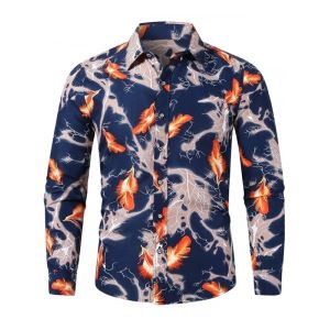 

Long Sleeve Feather Print Slim Fit Button Shirt, Cadetblue