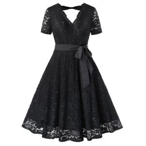 

Plus Size Cut Out Lace Midi Evening Dress, Black