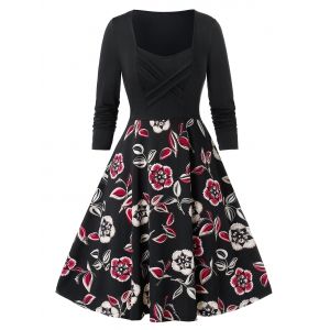 

Plus Size Floral Print Crossover Fit and Flare Dress, Black