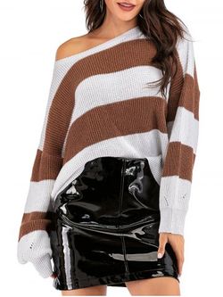 Striped Oversized Drop Shoulder Sweater - WHITE - L