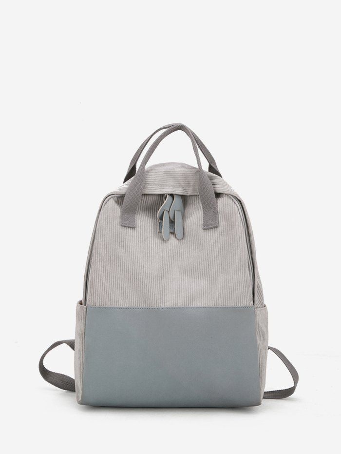 

PU Panel Corduroy Top Handle Casual Backpack, Gray goose